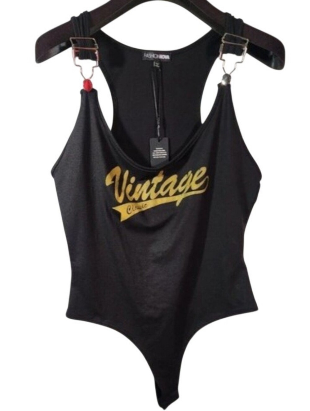 Fashion Nova Vintage Classic Buckle Bodysuit Black Graphic. L